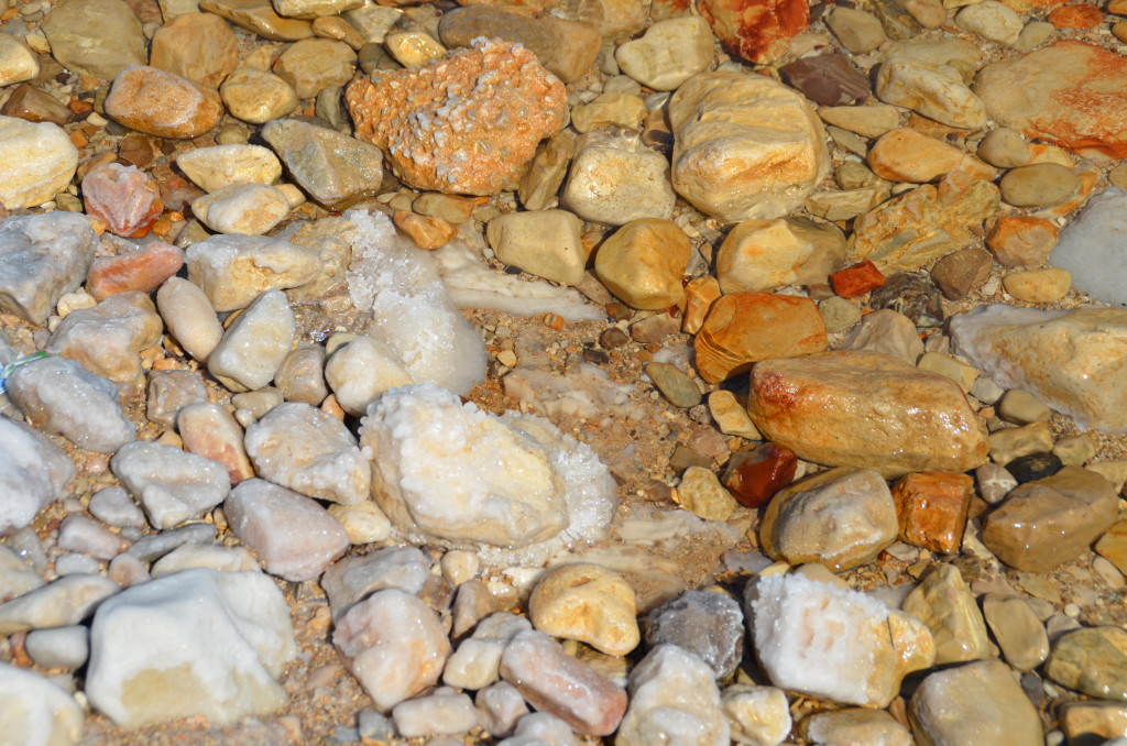 Salt deposits on the rocks of the Dead Sea shore